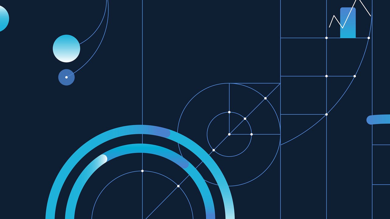 aiSure™ Abstract design featuring geometric shapes and lines in shades of blue on a dark background.