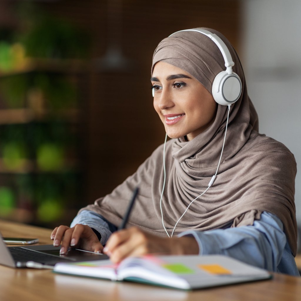 Woman listening to a podcast