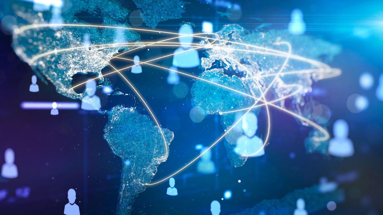 Contacts People communication network on a glowing particle global map.