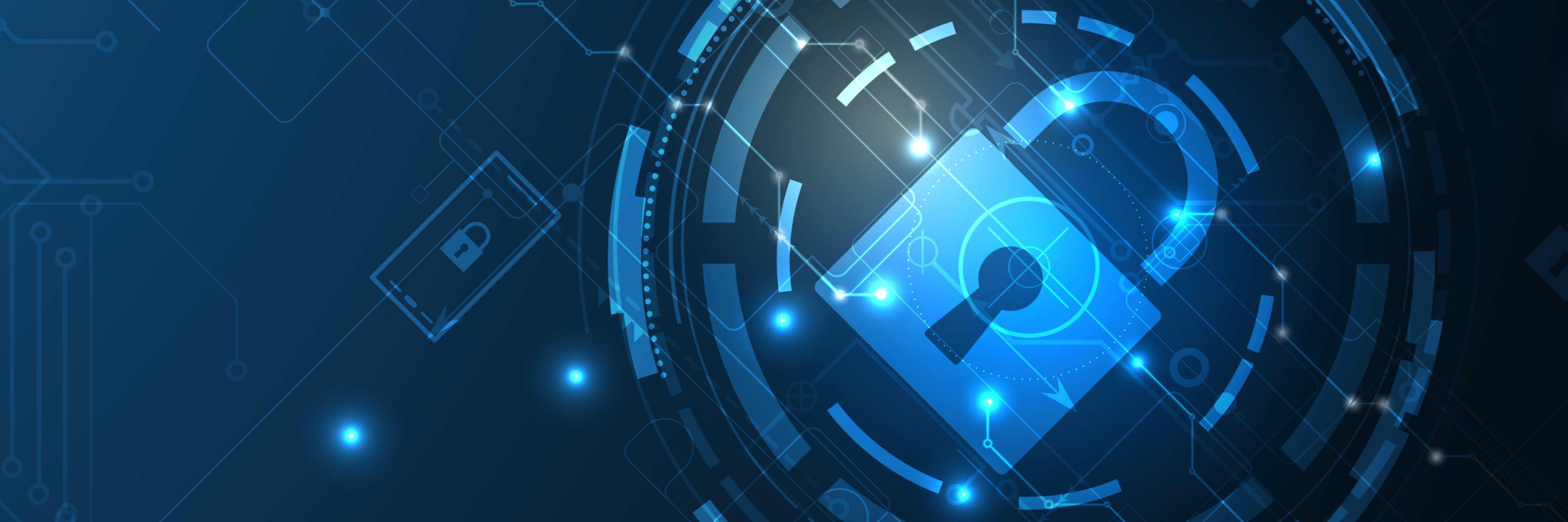 Digital illustration of cyber security lock inside circles and icon graphics.